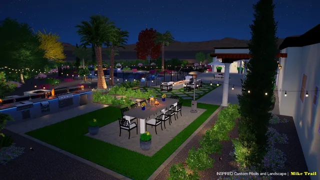 3D design of a backyard at night with a dining area, turf and string lights